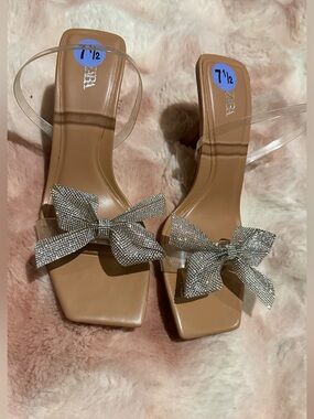 Zara Crystal Bow Clear-Strap Sandal in Tan